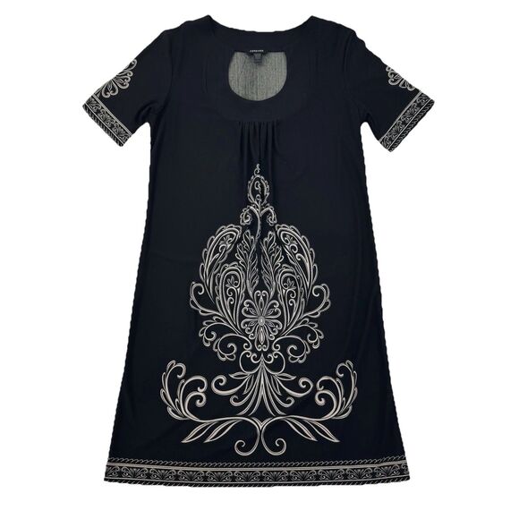 Forever Women’s Black Dress S Baroque Scroll Print Stretch Short Sleeve Scoop - Picture 1 of 6